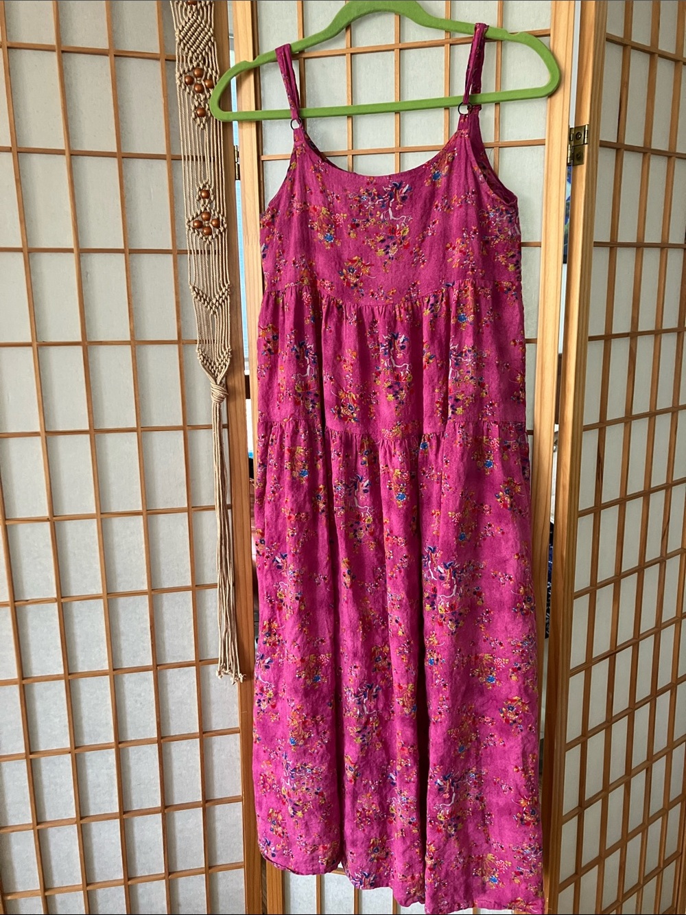 XS Bright Pink Floral Tiered Maxi Swing Dress - Adjustable Straps